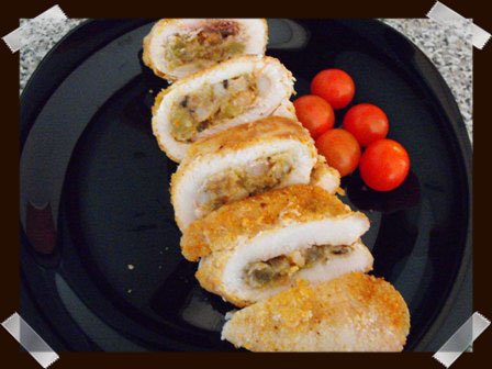 Enrollados de pez espada con berenjena y gambas